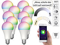 Luminea Home Control 10er-Set WLAN-LED-Lampen für Amazon Alexa/Google Assistant, E27,12 W; WLAN-Steckdosen mit Stromkosten-Messfunktion WLAN-Steckdosen mit Stromkosten-Messfunktion WLAN-Steckdosen mit Stromkosten-Messfunktion 