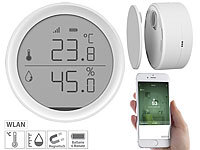 Luminea Home Control WLAN-Temperatur & Luftfeuchtigkeits-Sensor mit App, 15-Tage-Speicher; WLAN-Universal-Fernbedienungen mit Display, App, Thermo- und Hygrometer WLAN-Universal-Fernbedienungen mit Display, App, Thermo- und Hygrometer 