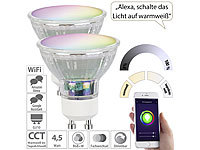 Luminea Home Control 2er-Set WLAN-RGB/CCT-Glas-Lampen, GU10, für Siri, Alexa & GA, 4,5 W