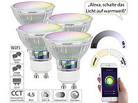 Luminea Home Control 4er-Set WLAN-RGB/CCT-Glas-Lampen, GU10, für Siri, Alexa & GA, 4,5 W