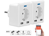 Luminea Home Control 2er-Set WLAN-Steckdosen, 2 USB, App, komp. zu Alexa, Google, Siri; WLAN-Steckdosen mit Stromkosten-Messfunktion WLAN-Steckdosen mit Stromkosten-Messfunktion 