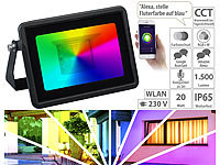 Luminea Home Control WLAN-RGB-CCT-Fluter, App, Sprachsteuerung, 1.500 lm, 20 W, IP65; WLAN-USB-Stimmungsleuchten mit RGB + CCT-LEDs und App WLAN-USB-Stimmungsleuchten mit RGB + CCT-LEDs und App 