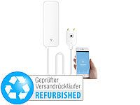 Luminea Home Control WLAN-Wassermelder, externer Sensor, App, Versandrückläufer; WLAN-Steckdosen mit Stromkosten-Messfunktion WLAN-Steckdosen mit Stromkosten-Messfunktion 