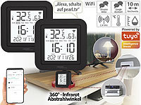 Luminea Home Control 2er-Set lernfähige IR-Fernbedienungen, Temperatur/Luftfeuchte, App; WLAN-Temperatur- & Luftfeuchtigkeits-Sensoren mit App und Sprachsteuerung WLAN-Temperatur- & Luftfeuchtigkeits-Sensoren mit App und Sprachsteuerung 