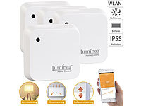 Luminea Home Control 4er-Set Wetterfeste WLAN-Licht & Dämmerungs-Sensoren mit App, IP55; WLAN-Steckdosen mit Stromkosten-Messfunktion 