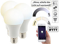 Luminea Home Control 3er-Set WLAN-LED-Lampen, mit Sprachsteuerung, E27, 1.055 lm, CCT; WLAN-LED-Lampen E27 RGBW WLAN-LED-Lampen E27 RGBW 
