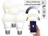 Luminea Home Control 5er-Set WLAN-LED-Lampen, E27, 806lm, für Alexa & Google Assistant, CCT; WLAN-LED-Lampen E27 RGBW WLAN-LED-Lampen E27 RGBW 