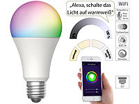 Luminea Home Control WLAN-LED-Lampe für Amazon Alexa/Google Assistant, E27, RGB, CCT, 12 W; WLAN-Steckdosen mit Stromkosten-Messfunktion WLAN-Steckdosen mit Stromkosten-Messfunktion WLAN-Steckdosen mit Stromkosten-Messfunktion 