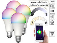 Luminea Home Control 4er-Set WLAN-LED-Lampen, E27, RGB-CCT, 9W (ersetzt 75W), F, 800lm, App; WLAN-Steckdosen mit Stromkosten-Messfunktion WLAN-Steckdosen mit Stromkosten-Messfunktion WLAN-Steckdosen mit Stromkosten-Messfunktion WLAN-Steckdosen mit Stromkosten-Messfunktion 