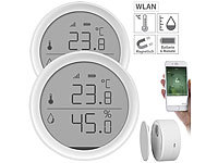 Luminea Home Control 2er-Set WLAN-Temperatur & Luftfeuchtigkeits-Sensor mit App; WLAN-Universal-Fernbedienungen mit Display, App, Thermo- und Hygrometer WLAN-Universal-Fernbedienungen mit Display, App, Thermo- und Hygrometer WLAN-Universal-Fernbedienungen mit Display, App, Thermo- und Hygrometer 