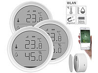 Luminea Home Control 3er-Set WLAN-Temperatur & Luftfeuchtigkeits-Sensoren mit App; WLAN-Universal-Fernbedienungen mit Display, App, Thermo- und Hygrometer WLAN-Universal-Fernbedienungen mit Display, App, Thermo- und Hygrometer WLAN-Universal-Fernbedienungen mit Display, App, Thermo- und Hygrometer 