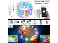 Luminea Home Control RGB-LED-Lichterdraht mit Musik-Steuerung, WLAN und App, USB, 10 m; USB-WLAN-LED-Streifen-Set in RGB mit Sprach- & Soundsteuerung 