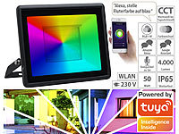 Luminea Home Control WLAN-Fluter, RGB-CCT-LEDs, App, Sprachsteuerung, 3.750 lm, 50 W, IP65; WLAN-Tür & Fensteralarme 
