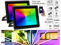 Luminea Home Control 2er-Set WLAN-Fluter, RGB-CCT-LEDs, App, 3.750 lm, 50 W, IP65; WLAN-Gartenstrahler mit RGB-CCT-LEDs, App- & Sprachsteuerung, 230 V 