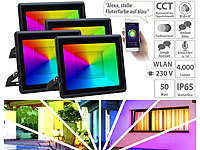 Luminea Home Control 4er-Set WLAN-Fluter, RGB-CCT-LEDs, App, 4.000 lm, 50 W, IP65; WLAN-Tür & Fensteralarme 