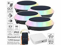 Lunartec 4er-Set Solar-Outdoor-Leuchten, RGB-CCT-LEDs, PIR, WLAN-Gateway, App; LED-Solar-Wegeleuchten 
