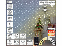 Luminea Home Control WLAN-LED-Lichtervorhang, 300 CCT-LEDs, dimmbar, App, IP44, 3x3 m; WLAN-LED-Filament-Lampe E27 weiß WLAN-LED-Filament-Lampe E27 weiß 