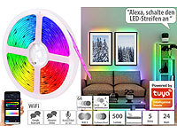 Luminea Home Control WLAN-RGBIC-LED-Lichtstreifen, Soundsteuerung, App, Sprachsteuerung, 5m; WLAN-LED-Deckenleuchte CCT, WLAN-USB-Stimmungsleuchten mit RGB + CCT-LEDs und App WLAN-LED-Deckenleuchte CCT, WLAN-USB-Stimmungsleuchten mit RGB + CCT-LEDs und App 