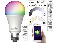 Luminea Home Control WLAN-LED-Lampe, E27, RGB-CCT, 11 W (ersetzt 120 W), 1.055 lm, App; WLAN-Steckdosen mit Stromkosten-Messfunktion WLAN-Steckdosen mit Stromkosten-Messfunktion 