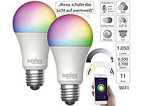 Luminea Home Control 2er-Set WLAN-LED-Lampe, E27, RGB-CCT, 11W (ersetzt 120W), 1.055lm, App; WLAN-Steckdosen mit Stromkosten-Messfunktion 
