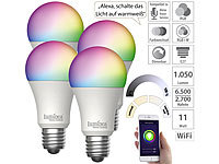 Luminea Home Control 4er-Set WLAN-LED-Lampen, E27, RGB-CCT, 11W(ersetzt 120W), 1.055lm, App; WLAN-Steckdosen mit Stromkosten-Messfunktion WLAN-Steckdosen mit Stromkosten-Messfunktion 