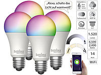 Luminea Home Control 4er-Set WLAN-LED-Lampen, E27, RGB-CCT, 14W(ersetzt 150W), 1.520lm, App; WLAN-Steckdosen mit Stromkosten-Messfunktion WLAN-Steckdosen mit Stromkosten-Messfunktion 