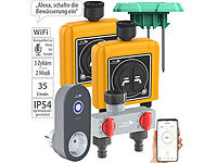 Royal Gardineer WLAN-Bewässerungscomputer, 4 Ventile, 2-fach-Wasserverteiler, Sensor; Bewässerungscomputer mit Multi-Schlauch-Anschlüssen, Perlschläuche 