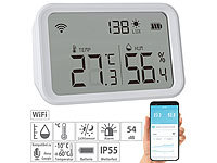 Luminea Home Control 3in1-WLAN-Sensor für Temperatur, Luftfeuchtigkeit und Helligkeit, App; WLAN-Steckdosen mit Stromkosten-Messfunktion 