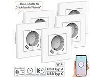 Luminea Home Control 5er-Set WLAN-Unterputzsteckdosen mit App, je 1x USB A, 1x USB C, 2 A