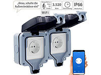 Luminea Home Control 2er-Set Outdoor-WLAN-Aufputzsteckdosen, Sprachsteuerung, Messung, App