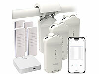 Luminea Home Control Smart-Gardinenmotoren, Automatische Vorhangöffner; Smarte 3in1-Universal-Vorhangmotoren mit App, Timer- und Sensor-Steuerung Smarte 3in1-Universal-Vorhangmotoren mit App, Timer- und Sensor-Steuerung Smarte 3in1-Universal-Vorhangmotoren mit App, Timer- und Sensor-Steuerung 