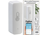 Luminea Home Control ZigBee-Temperatur & Luftfeuchtigkeits-Sensor mit App, Sprachsteuerung; WLAN-Steckdosen mit Stromkosten-Messfunktion 