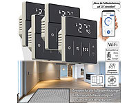 revolt 4er-Set WLAN-Fußbodenheizung-Thermostate mit App, schwarz; Einbau-Steckdosenleisten mit USB-Lade-Buchsen 