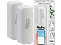Luminea Home Control 2er-Set ZigBee-Temperatur & Luftfeuchtigkeits-Sensoren mit App; WLAN-Steckdosen mit Stromkosten-Messfunktion 