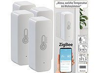 Luminea Home Control 4er-Set ZigBee-Temperatur & Luftfeuchtigkeits-Sensoren mit App; WLAN-Steckdosen mit Stromkosten-Messfunktion 