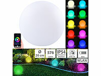Luminea Home Control WLAN-Akku-Leuchtkugel mit RGBW-LEDs und App, 576 lm, IP54, Ø 20 cm; WLAN-Gartenstrahler mit RGB-CCT-LEDs, App- & Sprachsteuerung, 230 V WLAN-Gartenstrahler mit RGB-CCT-LEDs, App- & Sprachsteuerung, 230 V 