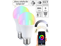 Luminea Home Control 2er-Set LED-Lampen E27, RGB-CCT, 9W, 806 Lumen, ZigBee-kompatibel; WLAN-LED-Lampen E27 RGBW 
