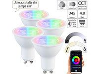 Luminea Home Control 4er-Set LED-Spots GU10, RGB-CCT, 4,8 W (ersetzt 35 W), für ZigBee; WLAN-Steckdosen mit Stromkosten-Messfunktion 