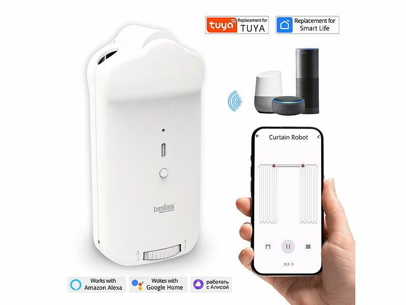 ; Smarte 3in1-Universal-Vorhangmotoren mit App, Timer- und Sensor-Steuerung Smarte 3in1-Universal-Vorhangmotoren mit App, Timer- und Sensor-Steuerung Smarte 3in1-Universal-Vorhangmotoren mit App, Timer- und Sensor-Steuerung