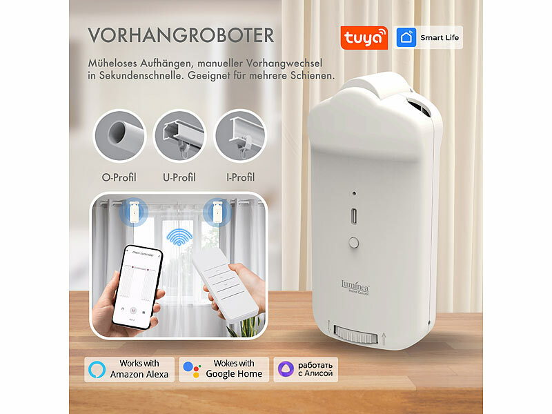 ; Smarte 3in1-Universal-Vorhangmotoren mit App, Timer- und Sensor-Steuerung Smarte 3in1-Universal-Vorhangmotoren mit App, Timer- und Sensor-Steuerung Smarte 3in1-Universal-Vorhangmotoren mit App, Timer- und Sensor-Steuerung