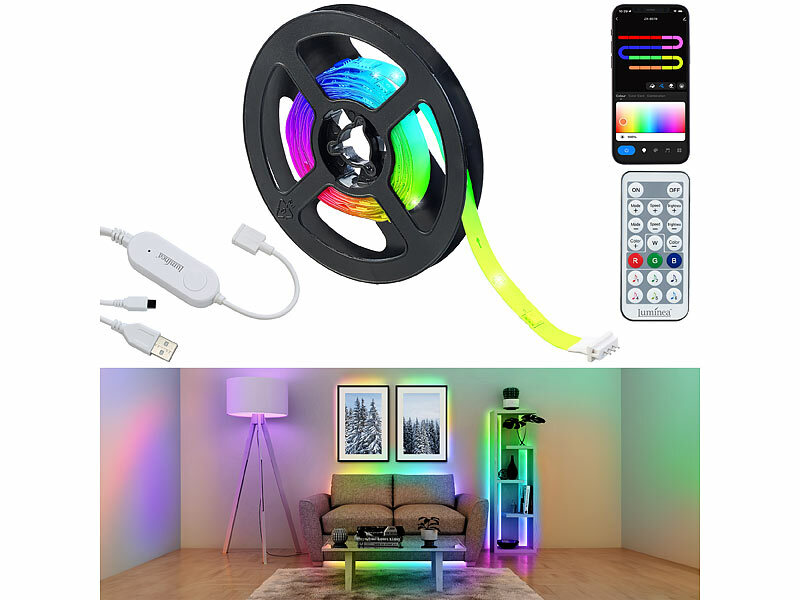 Luminea Home Control Smarter USB-RGB-IC-LED-Streifen, Bluetooth, App,  Fernbedienung, 2 m