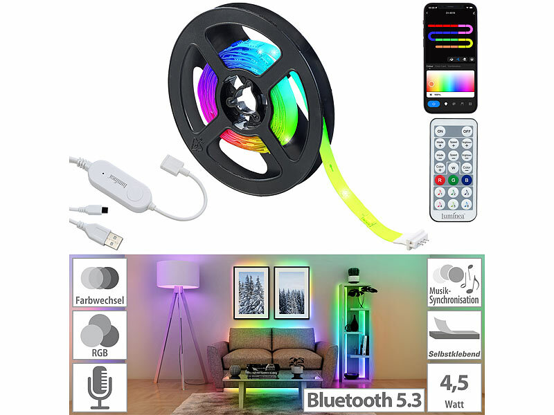 Luminea Home Control LED Stripe: Smarter USB-RGB-IC-LED-Streifen, Bluetooth,  App, Fernbedienung, 2 m (RGB-LED-Stripes USB)